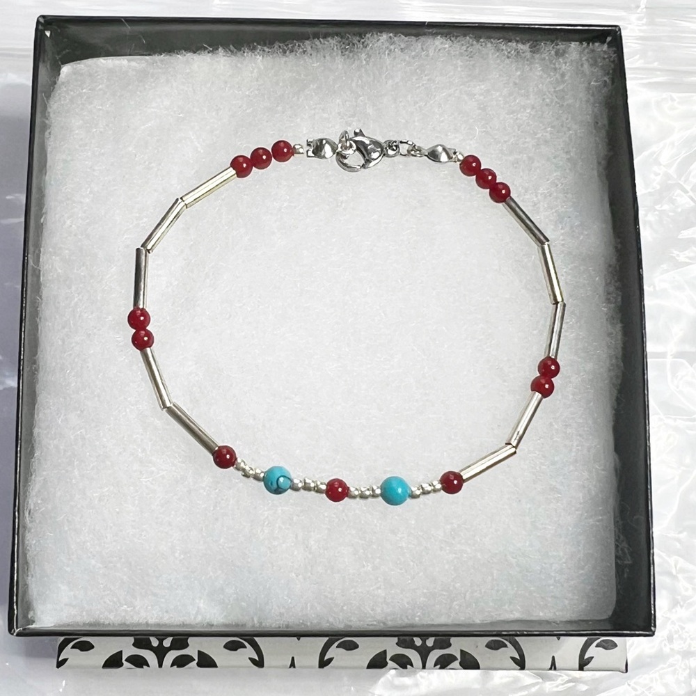 Turquoise, ♥️ Ruby and Silver Beaded Bracelet